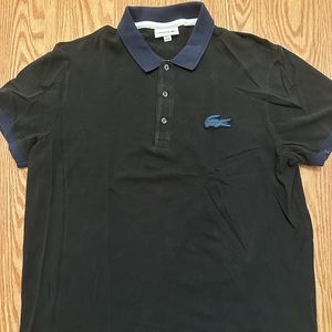 LACOSTE men’s polo collar shirt black with navy collar , cuff & alligator emblem